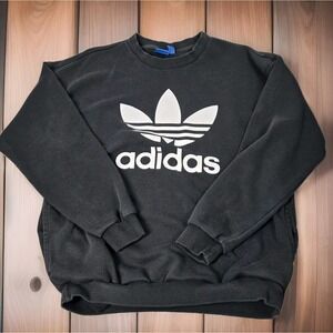 Adidas Crewneck Sweater‎ Mens Small  Black Pullover Big White Logo Pockets
